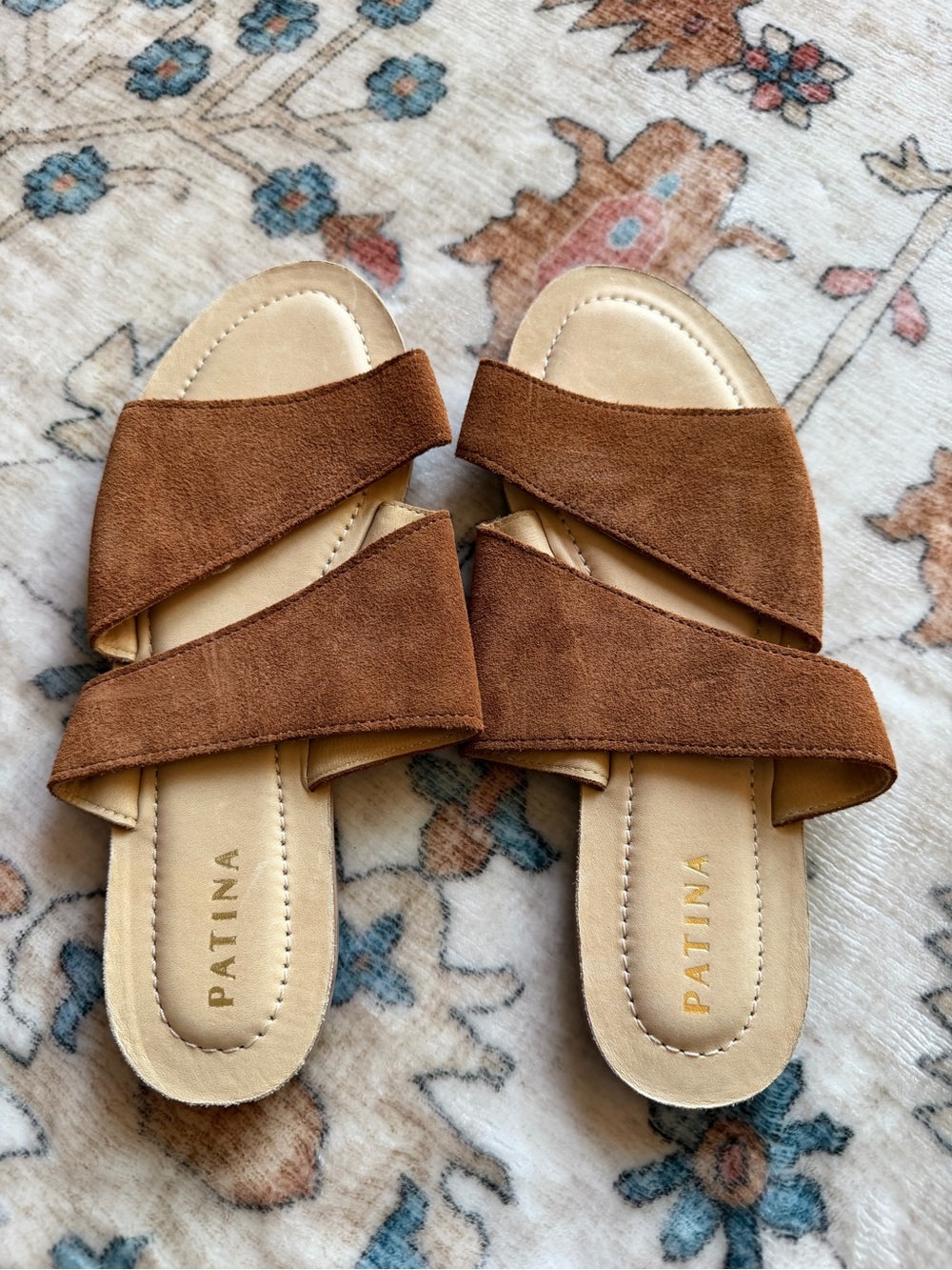 Patina Women's Tan Suede Cross-Strap Slide Sandals